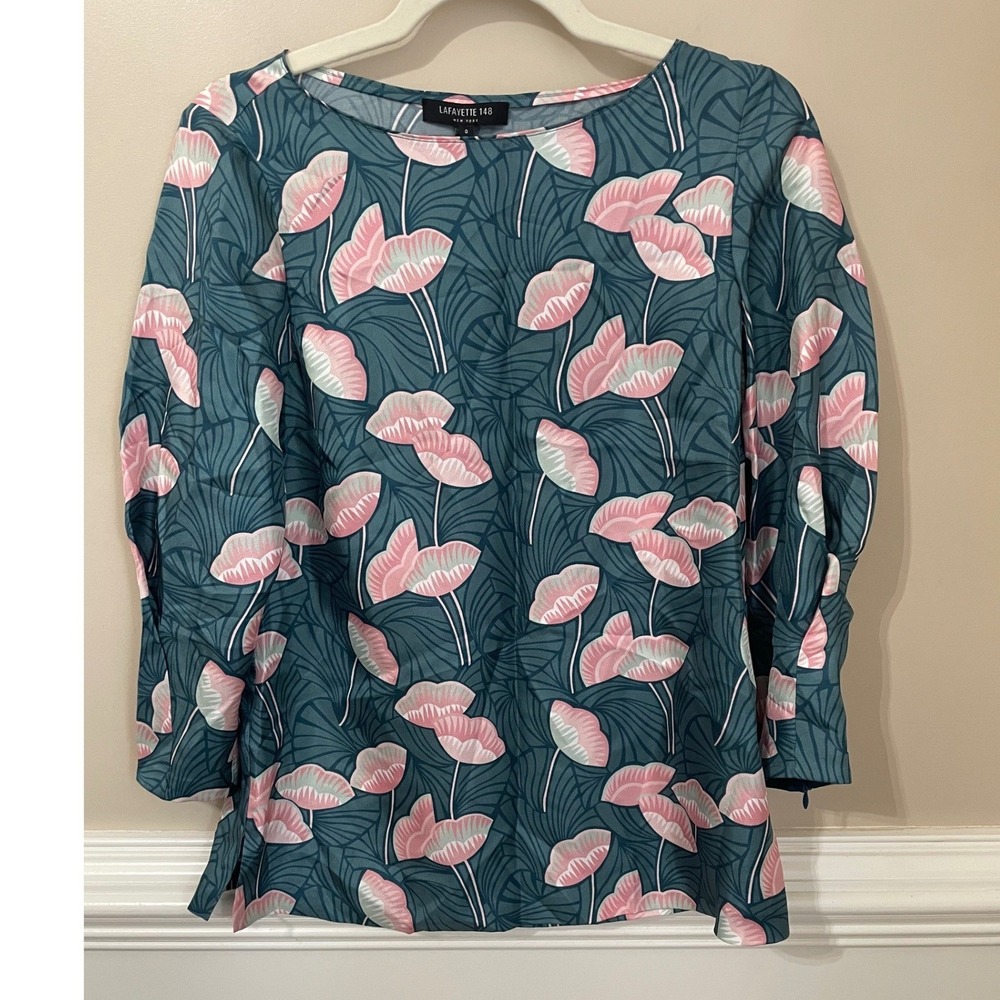 Lafayette 148 Size 0 Silk Blouse Empress Teal Pink Floral Print Balloon Sleeve